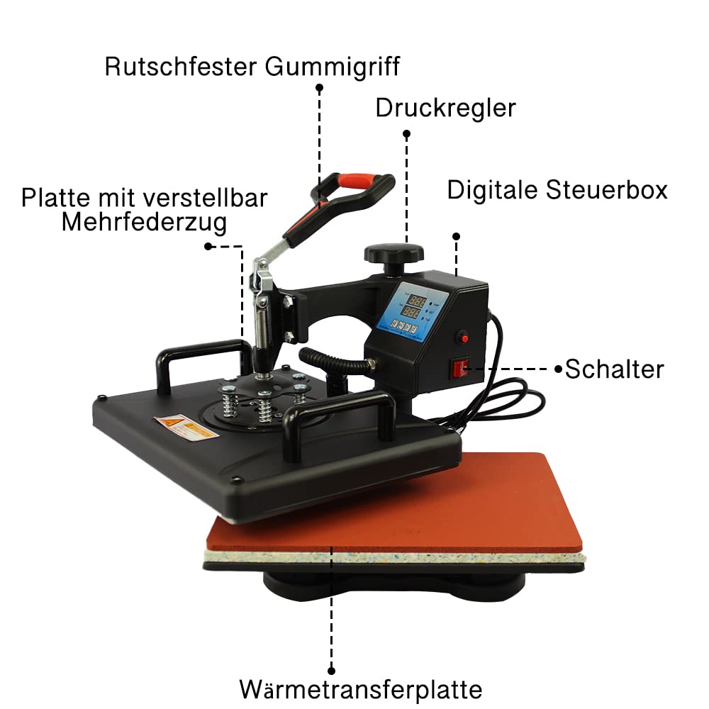 5 in 1 Heat Press Machine 38x30cm with 1000W power. The T-shirt heat press can rotate 360 degrees, ideal for DIY projects. It features a double digital display for easy operation. Great for sublimation and heat transfer printing.