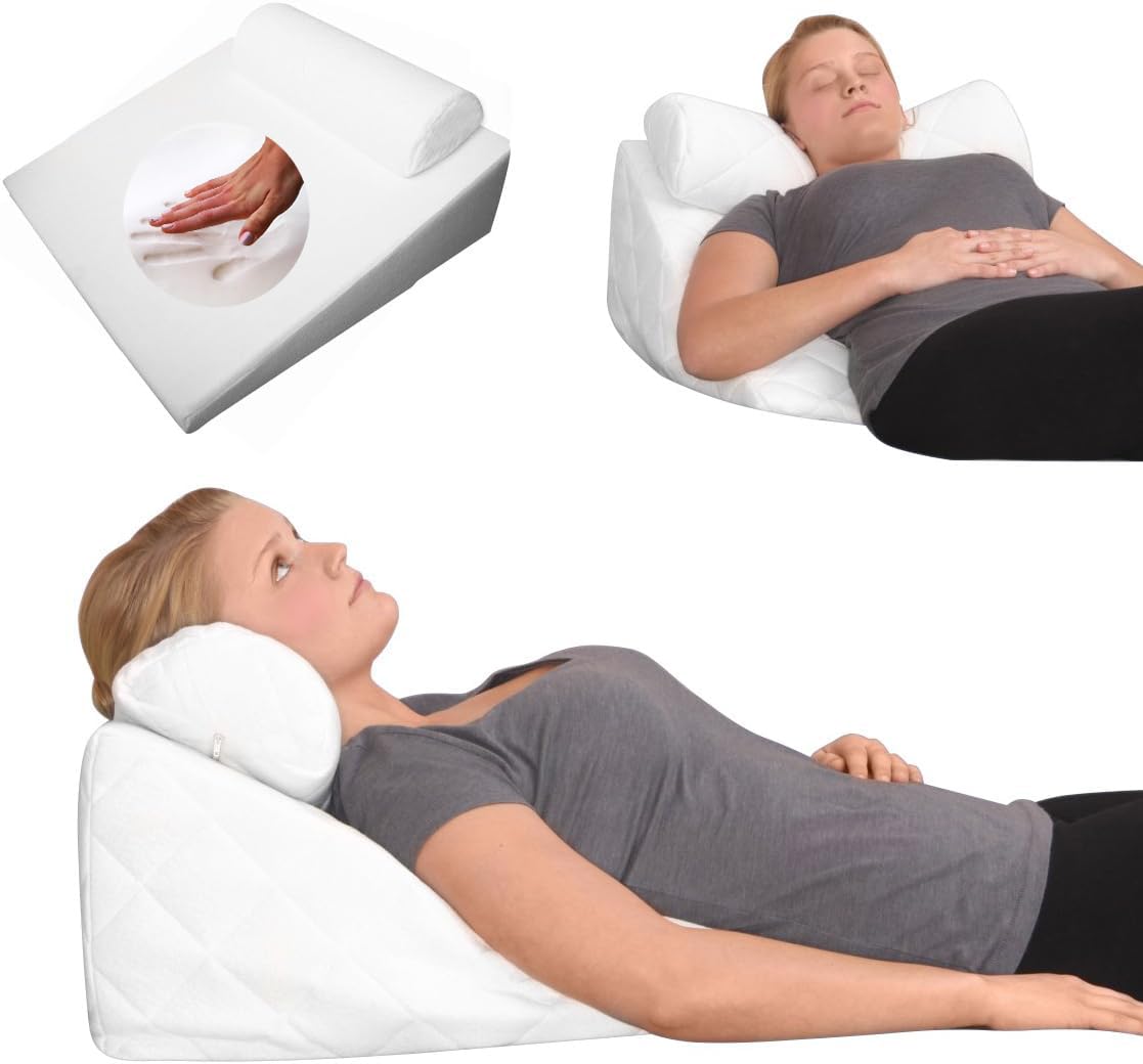 Orthopedic reflux wedge pillow made of 100% gel foam in Europe. Ergonomic and pressure-relieving with a 25° angle for healthy sleep. Washable white polyester cover with neck roll.