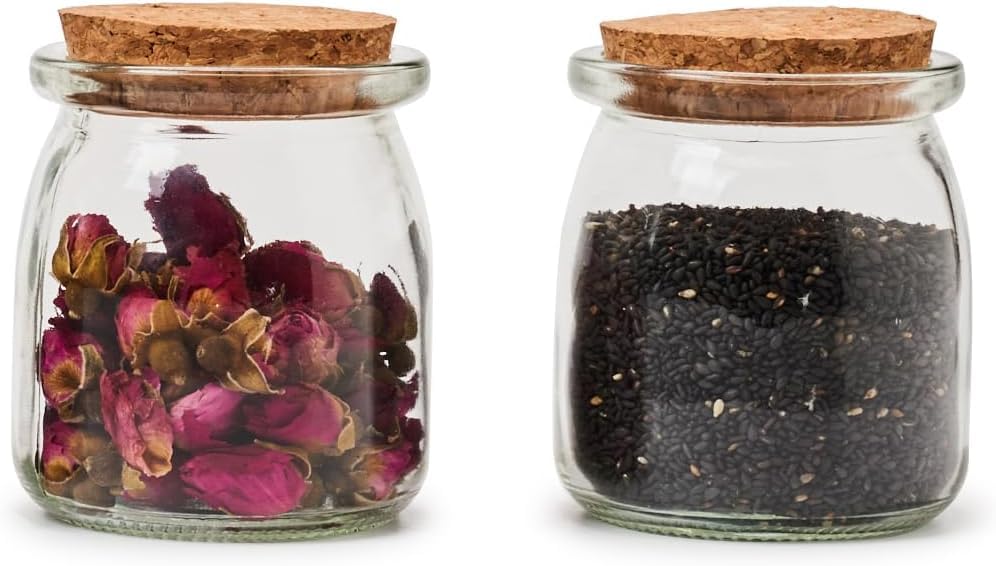 EZOWARE 40 Pack 150ml Spice Jars with Cork Lids, Pudding Jars, Yogurt Jars, Glass Containers with Labels and String for Yogurt, Pudding, Wedding Gifts.