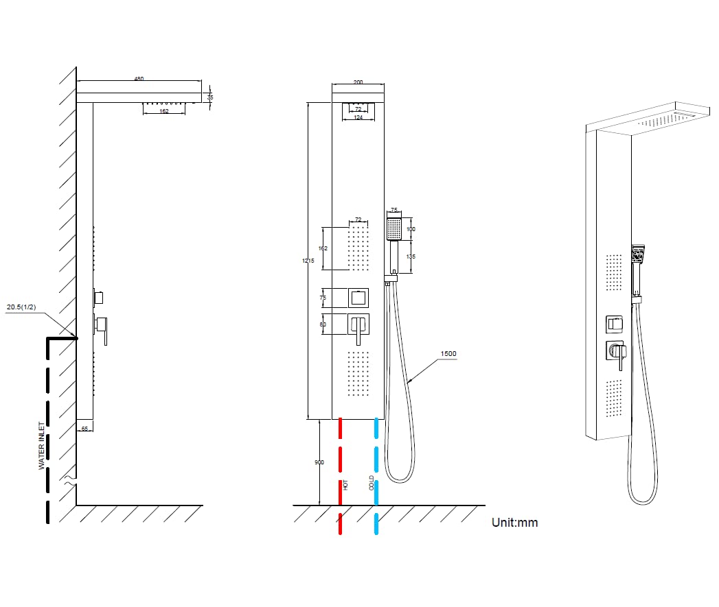 Elbe Stainless Steel Shower Panel for corner installation 4-function with rain shower shower set with hand shower, rain shower, 2 massage showers, waterfall shower, shower faucet complete set Adjustable temperature