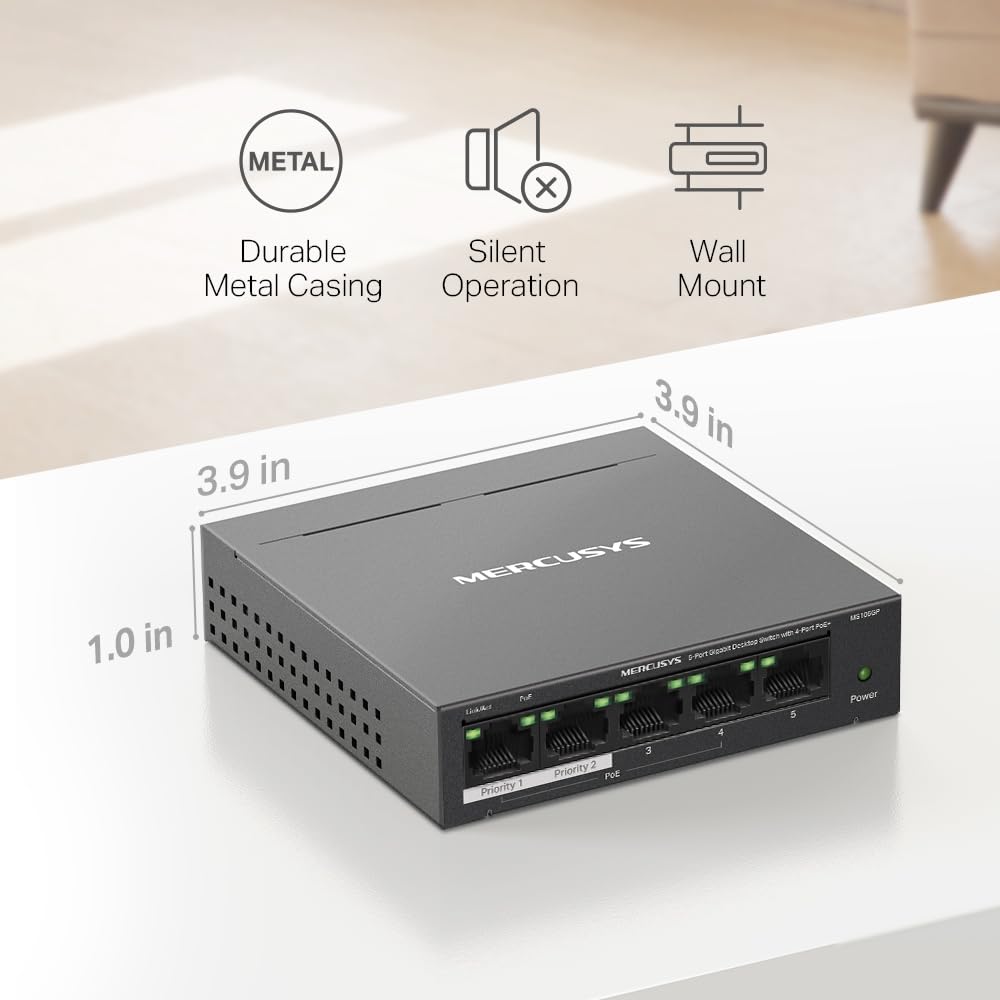 Mercusys MS105GP PoE Switch 5-Port Gigabit LAN Switch with 4 PoE+ Ports (65 Watts, IEEE 802.3af/at PoE, fanless, plug-and-play, sturdy metal housing)