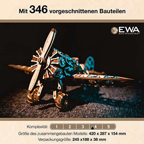 MagicWood - Mechanical 3D Puzzle Wooden Propeller Plane - DIY Wooden Puzzle Kit for Adults & Kids - Model kit to assemble without tools & glue - Wooden construction kit