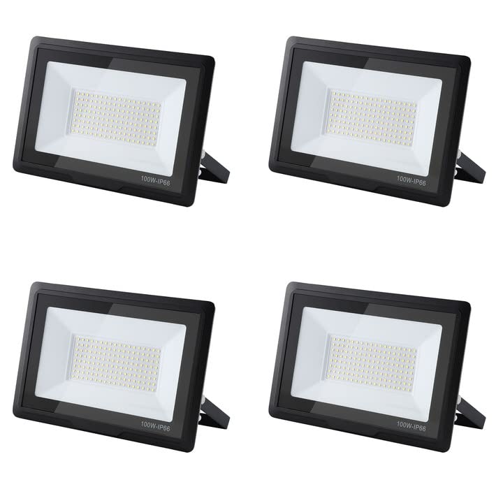 100W Floodlight: 6000K Cool White Super Bright 10000LM IP66 Waterproof LED spotlight for backyard/stadium/workshop outdoor lighting (4pcs, 100W)