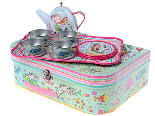 Jewelkeeper - Tin Tea Set for Girls & Carry Case, Kids Pretend Play Kitchen Toy Set, 15 Pieces - Mermaid Design