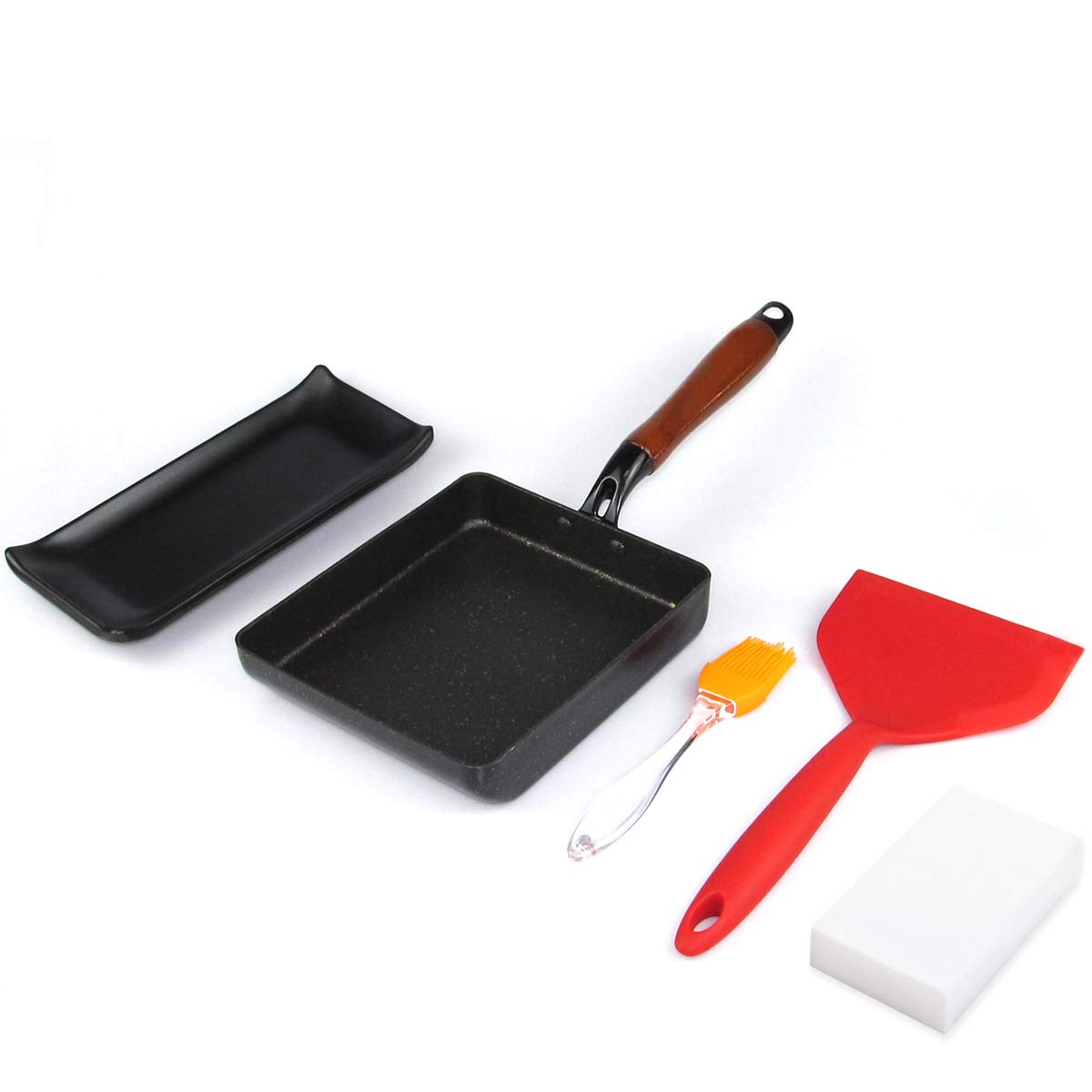 Artcome Japanese omelette pan Tamagoyaki egg pan Rectangular mini frying pan with silicone spatula and brush, black plate (Black)