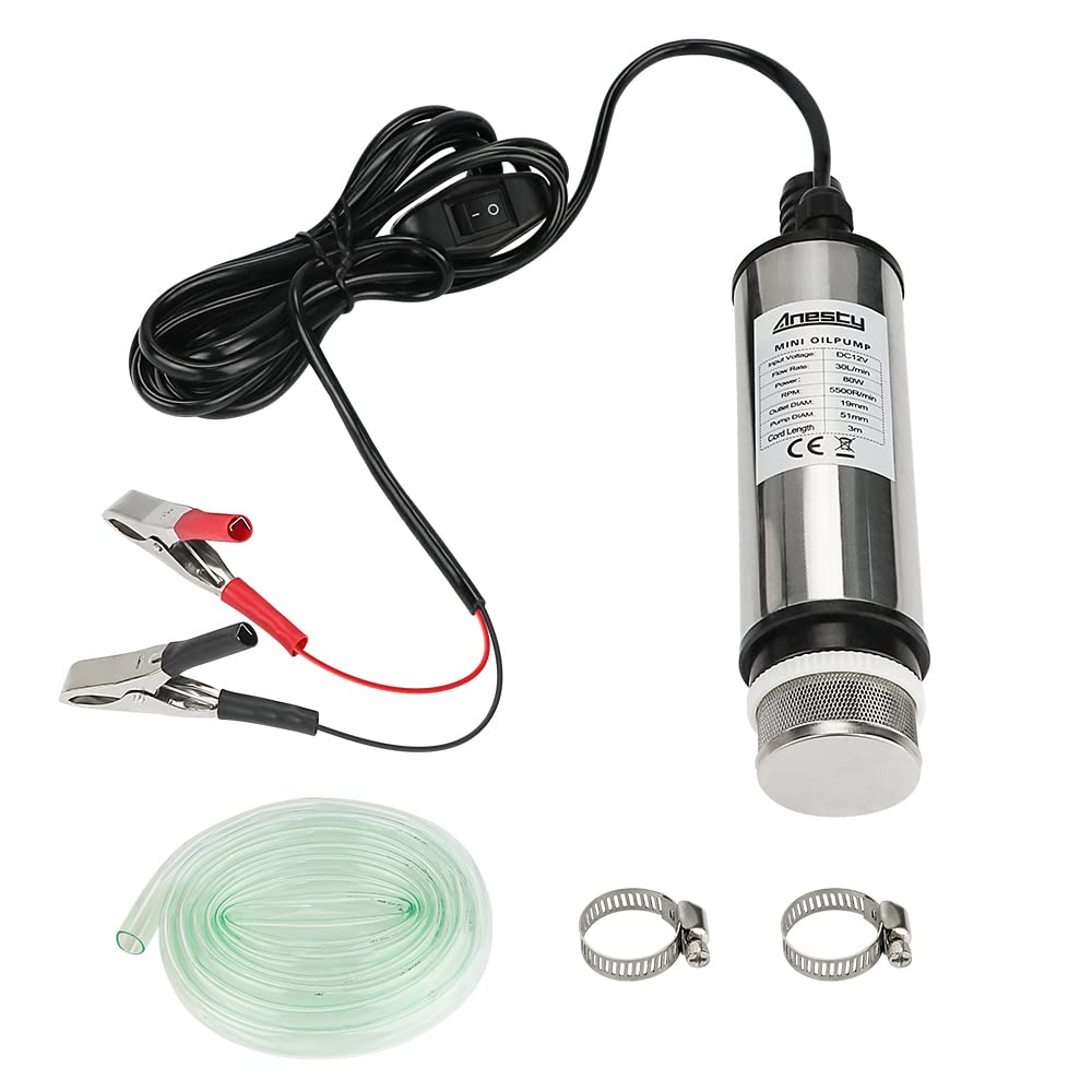 Stainless Steel Transfer Pump 12V Φ51mm Water Pump Submersible Pump for Car Diesel Oil Heating Oil Water Fuel Transfer Pump with Removable Filter, 3m PVC Transparent Hose, Hose Clamps