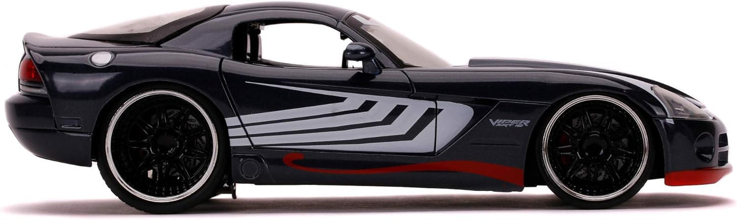 Jada Toys Marvel Venom, 2008 Dodge Viper, SRT10, die-cast toy car with opening doors, trunk, and hood, includes die-cast Venom figure, 1:24 scale, black
