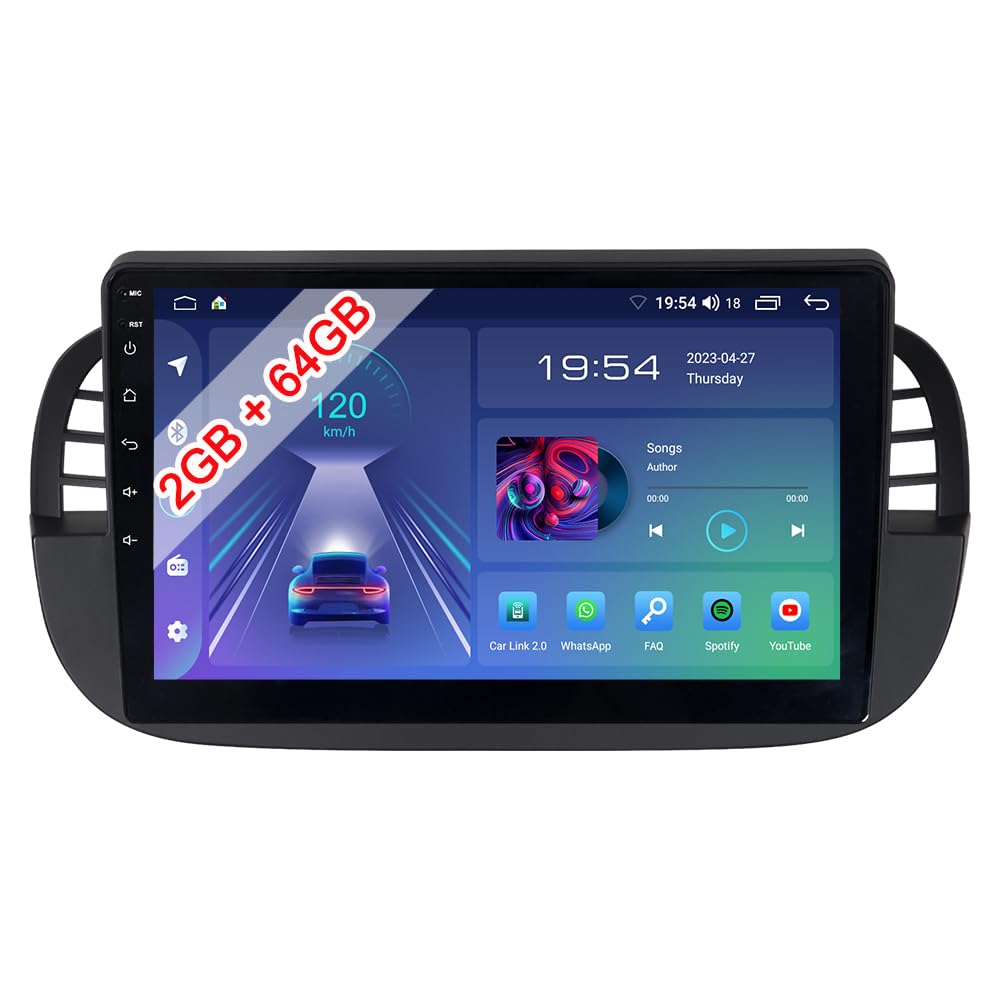 ACAVICA Android car stereo 14 for Fiat 500 500C 2007-2015, 9-inch HD touchscreen with wireless Apple CarPlay Android Auto, DAB+, navigation, voice control & USB, car multimedia system with Bluetooth.