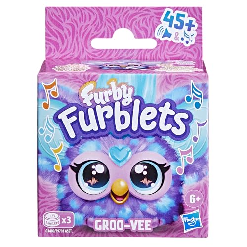 Furby Furblets Groo-Vee Mini, electronic music & phrases in Furbish (over 45 sounds), pastel-colored plush toy, for kids ages 6+, original stocking stuffer, Purple