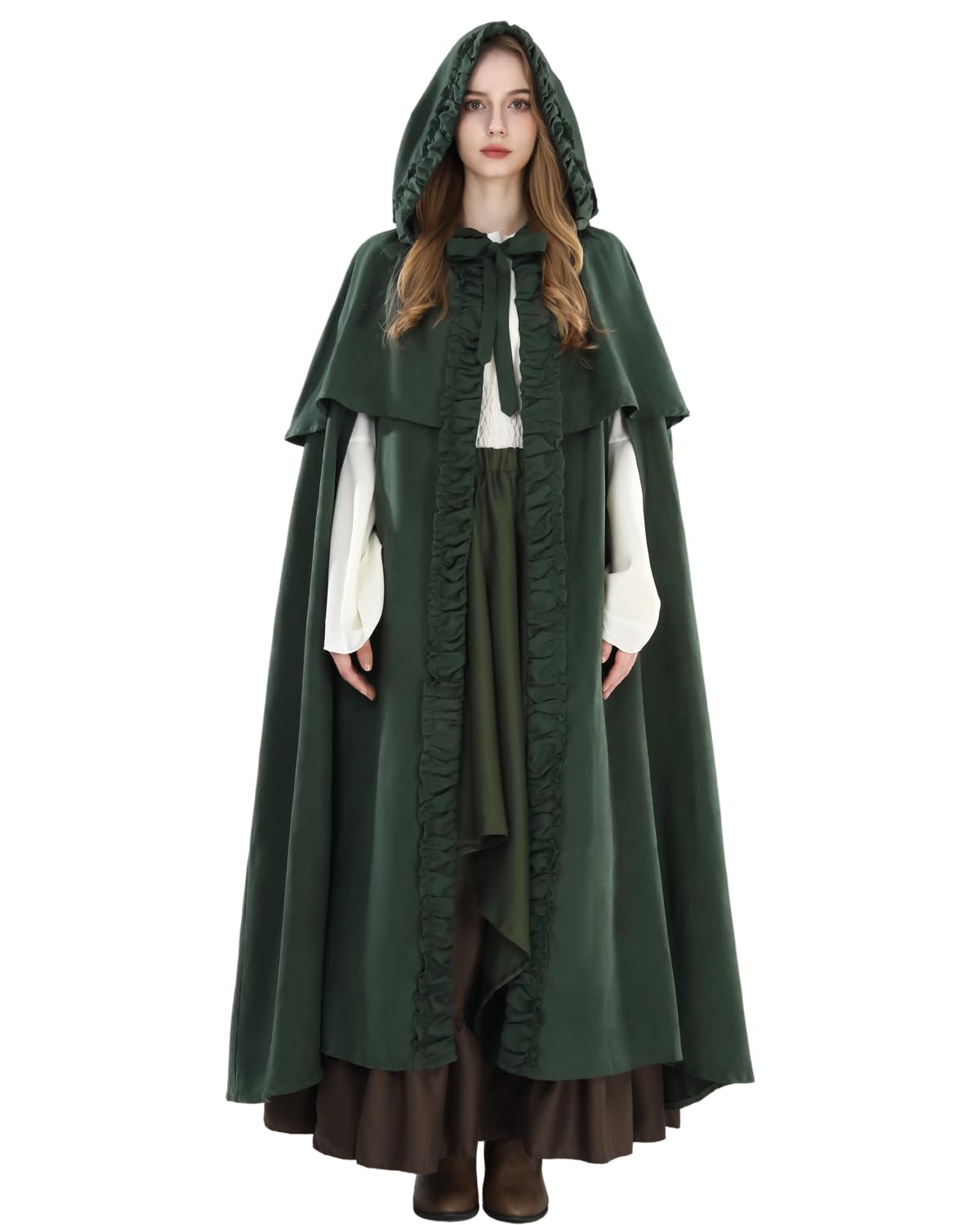 Fiamll Medieval Cloak Women Hooded Coat with Cuff Solid Color Trenchcoat Renaissance Vampire Cloak Gothic Cosplay Cape Carnival Costume Green S