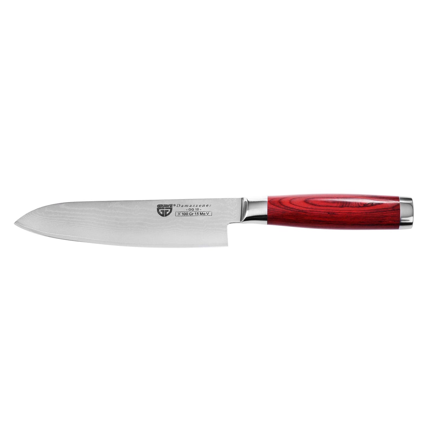 The GRÄWE Damascus knife is made of Damascus steel and features a sharp, large 17.5 cm blade. This Asian Santoku knife comes in a gift box.