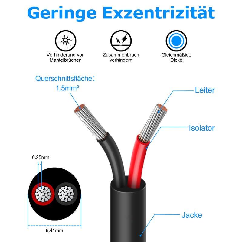 30 Meter 16AWG 2x1.5mm² electrical wire, 2-core cable 5V/12V/24V power cord Tinned copper cable, flexible and soft, low impedance, high temperature resistance extension cord.