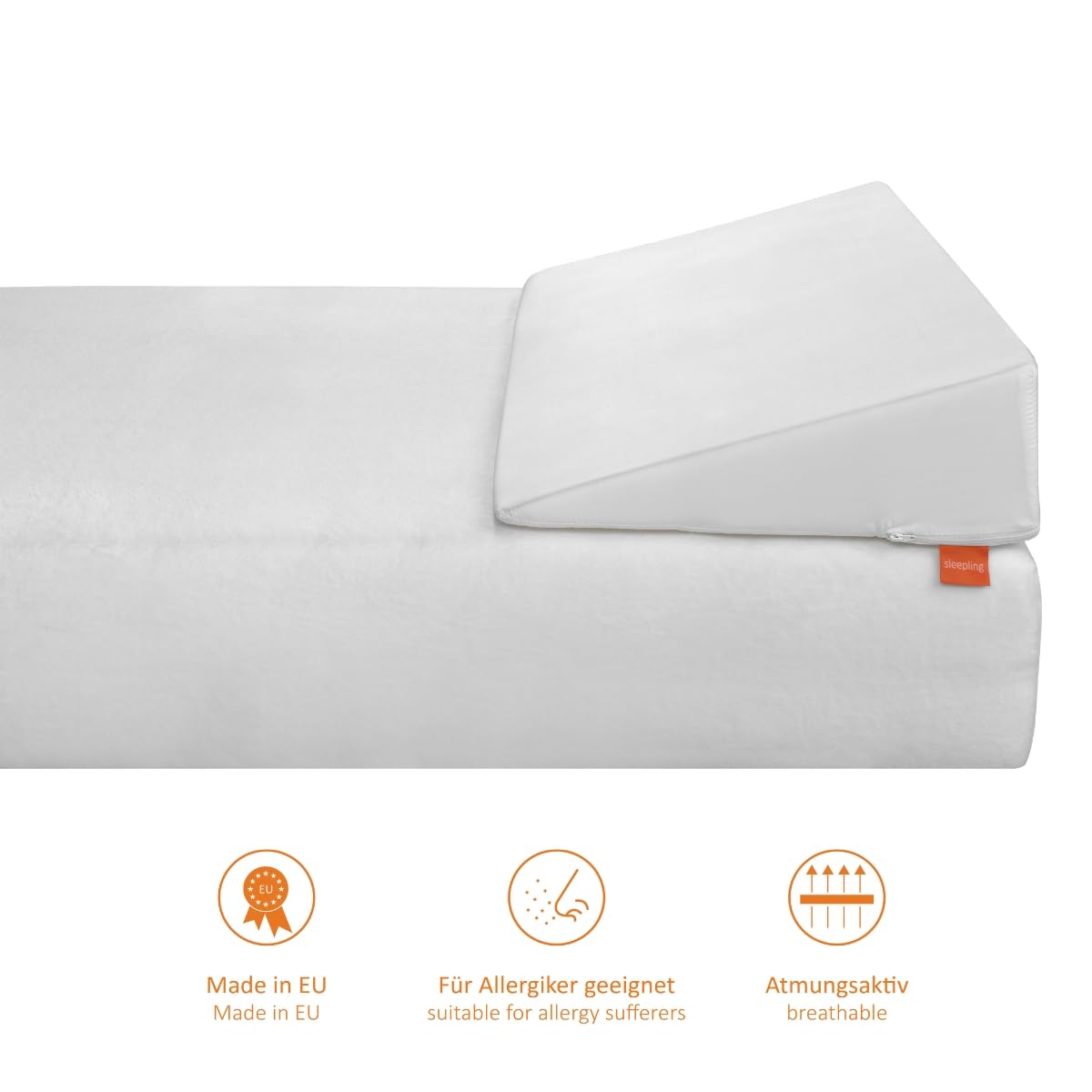 Sleeping wedge pillow, reflux pillow for bed and sofa, mattress wedge for adults, bed riser, 45 x 100 x 15 cm, including washable cover up to 60 degrees, Oeko-Tex 100, Made in EU.