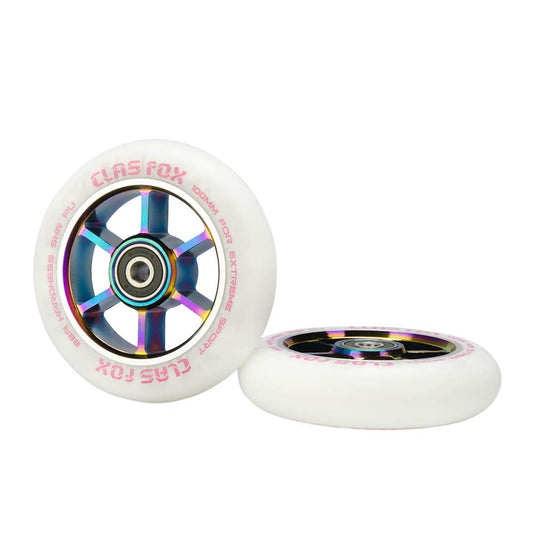 CLAS FOX Pro Stunt Scooter Wheels Roller Wheels 110mm A Pair with ABEC-9 Ball Bearings CNC Metal Core (2 pieces) (White-Rainbow)