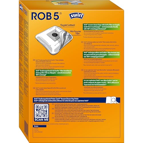 Swirl ROB 5 EcoPor Vacuum Bags (4 bags), tear-resistant dust bags for some Dreame robotic vacuums, 99.9% filtering of household dust & allergenic fine dust.