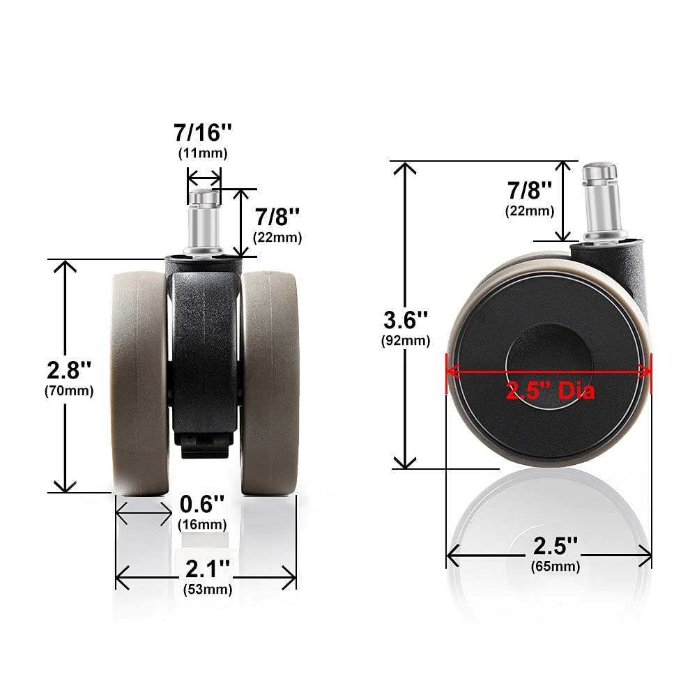 Office chair casters 11mm hard floor casters for office chairs 5-piece set replacement casters desk chair casters, rubber casters office chair for carpet and hardwood floors and tiles, office chair casters 65mm up to 300kg, Grey