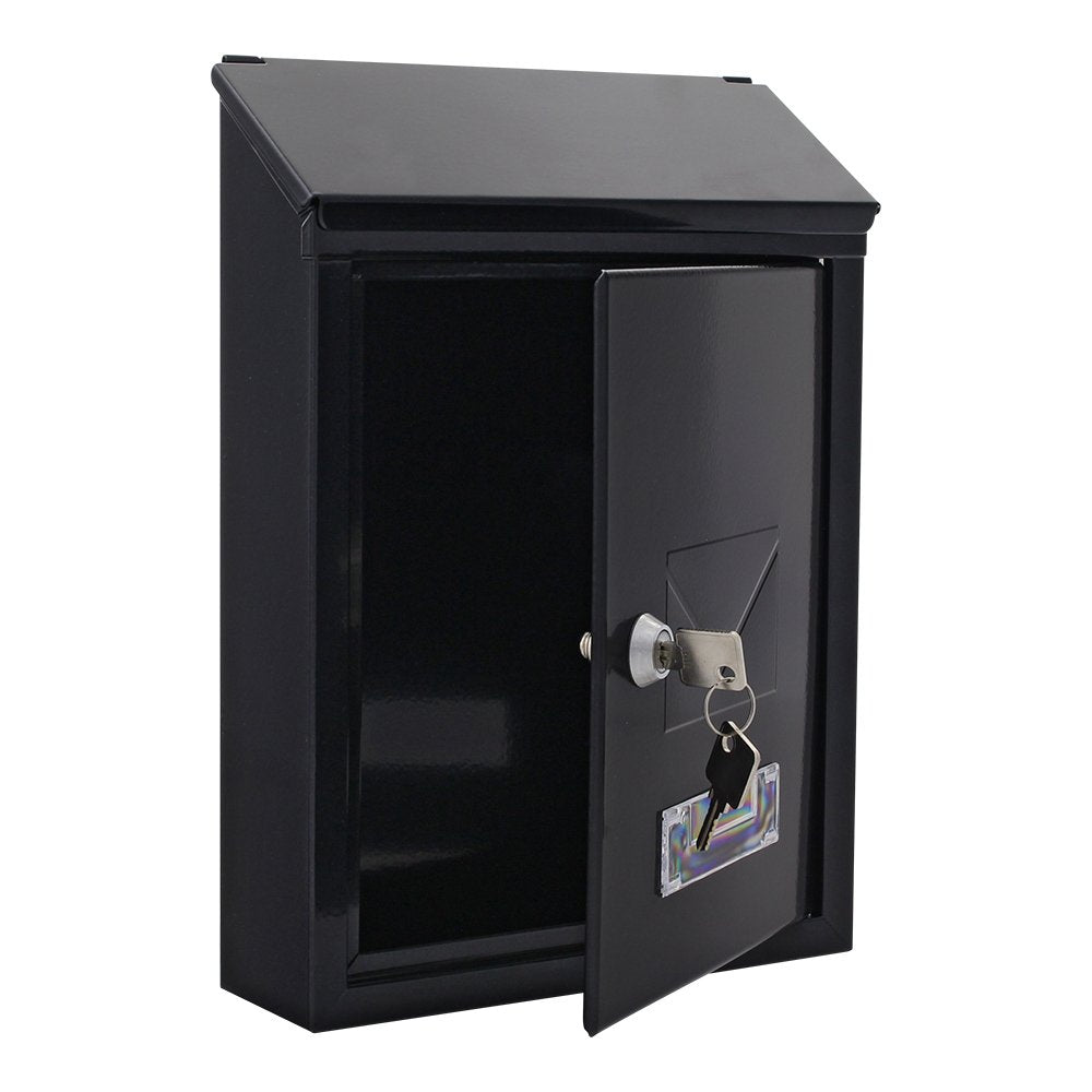 Profirst Mail PM 400 mailbox in black-grey steel with cylinder lock, 2 keys, viewing window, name tag holder, dual entry, and mounting material included.