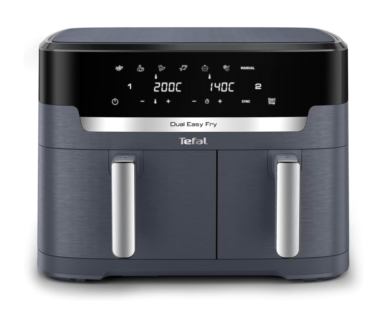 Tefal Dual Easy Fry XXL double-chamber hot air fryer, 11 liter capacity, 6.5L drawer and 4.5L drawer, no additional oil needed, 7 programs, dishwasher safe, grey, EY942BE0