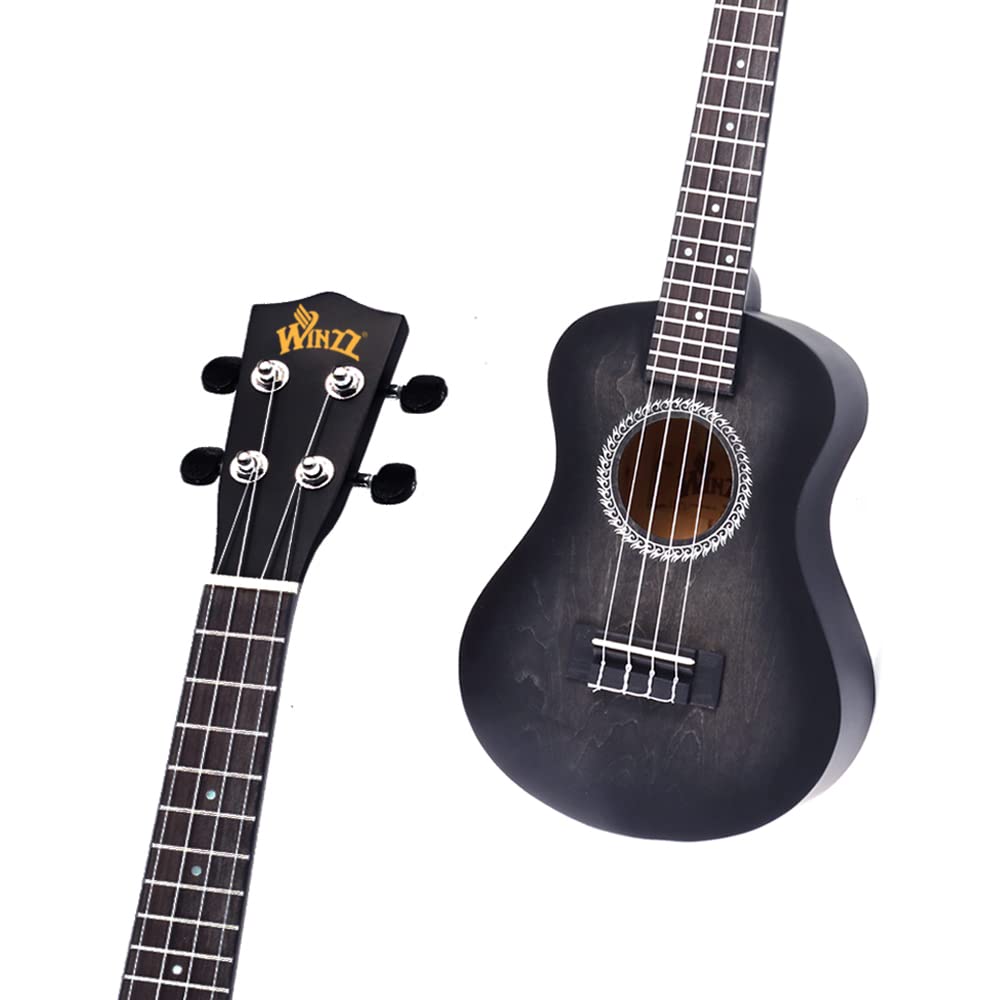 Winzz 23" Ukulele Concert Beginner Set for Kids Adults, Unique Color Design, with Bag, Tuner, Extra Strings, Strap, Music Note Stickers (Black)