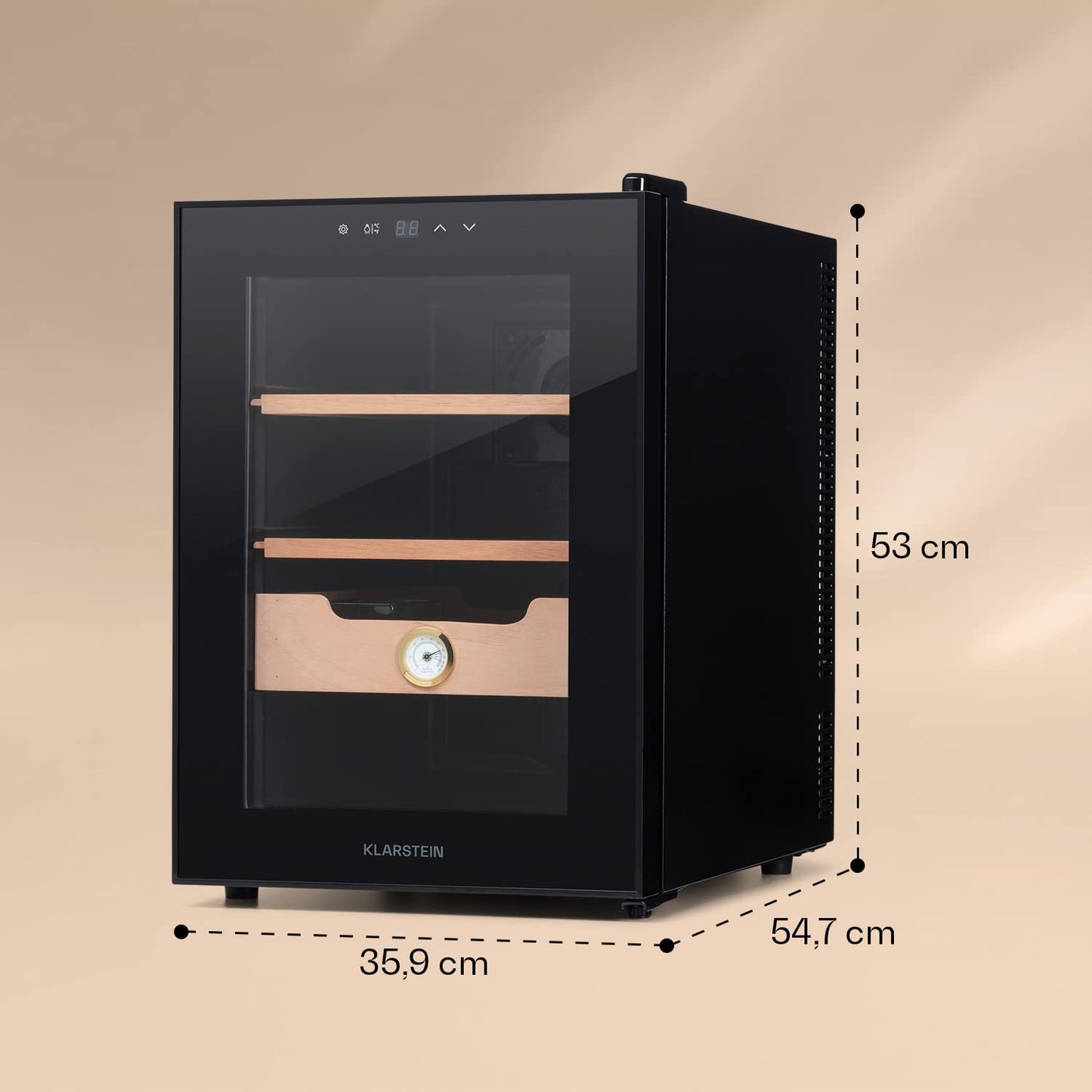 Klarstein El Presidente Cigar Humidor - thermoelectric humidor cabinet with glass door, cedar wood trays, hygrometer, LED interior lighting, 37 liters, black