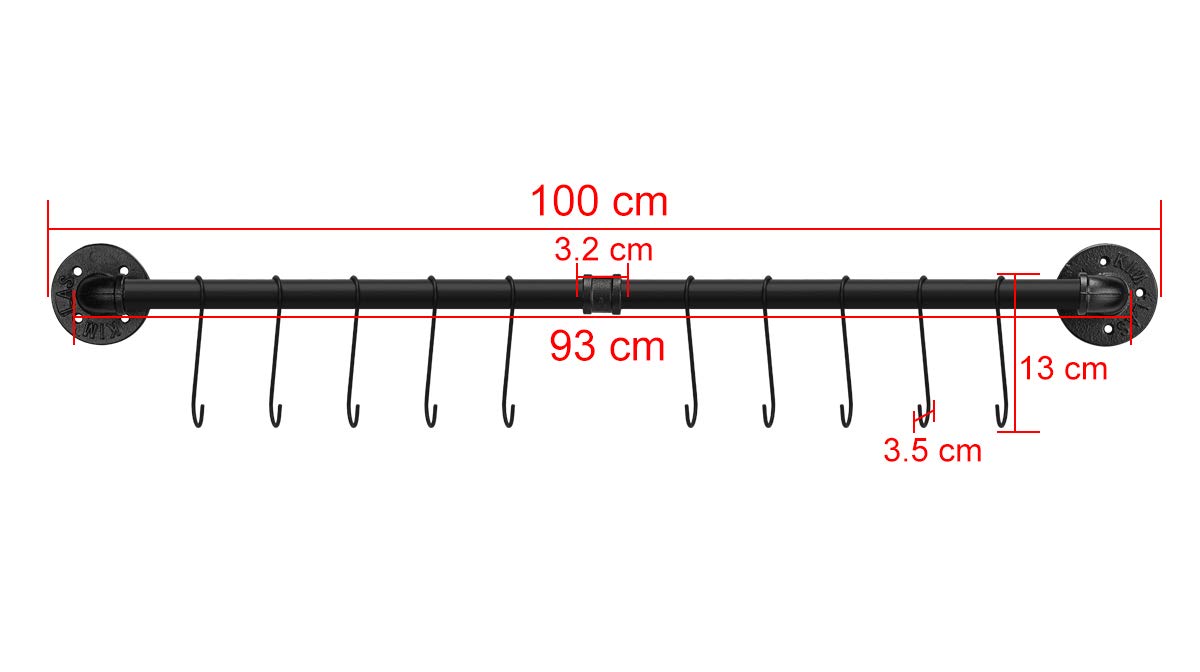 Toplife kitchen hook rack 100 cm, black hanging bar with 16 hooks, pole for kitchen utensils.
