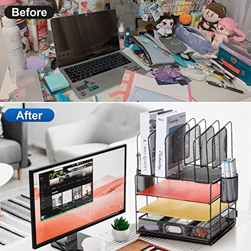 Restorgan Mesh Desk Organizers, Desk Organizer with drawer, 4-tier Mesh Desk Organizer with 5 vertical file holders and 2 pen holders.