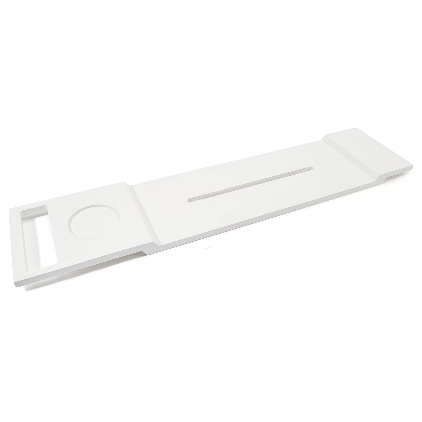 Pampeliška Premium bathtub tray in white with bamboo towel holder. Includes e-book/smartphone/tablet holder, wine glass holder, and candle holder. A luxurious addition to your bath time.