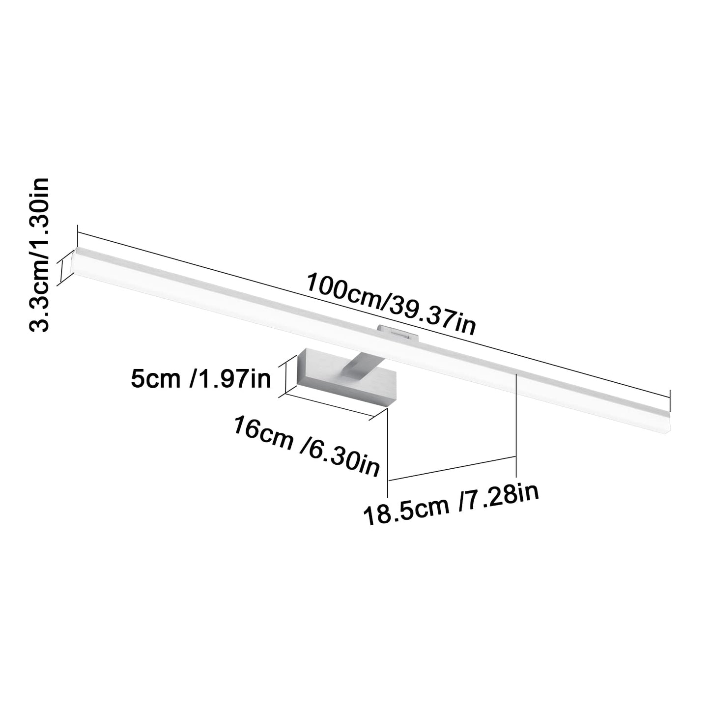 Klighten LED mirror light bathroom lamp 100CM, silver bathroom mirror lighting lamp 28W 1560LM bathroom lamp mirror lamp, 180° rotation, cold white 6000K, IP44 waterproof LED makeup light