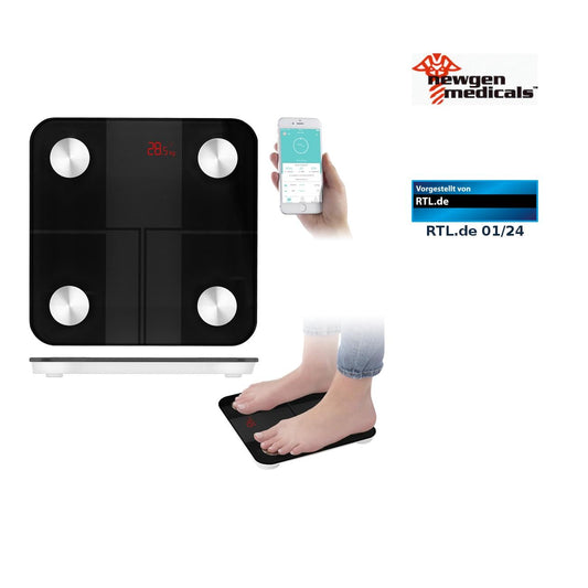 newgen medicals body fat scale: 14-in-1 body analysis scale made of glass, Bluetooth, app, user recognition (bathroom scale, body scales, senior friendly)