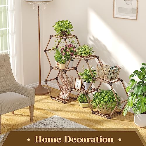Tikea Hexagon Flower Stand Plant Stand for Indoor and Outdoor, Wood Creative DIY Plant Shelf Flower Shelf for Window, Corner, Living Room, Balcony, Garden, Office (#7 Stages)