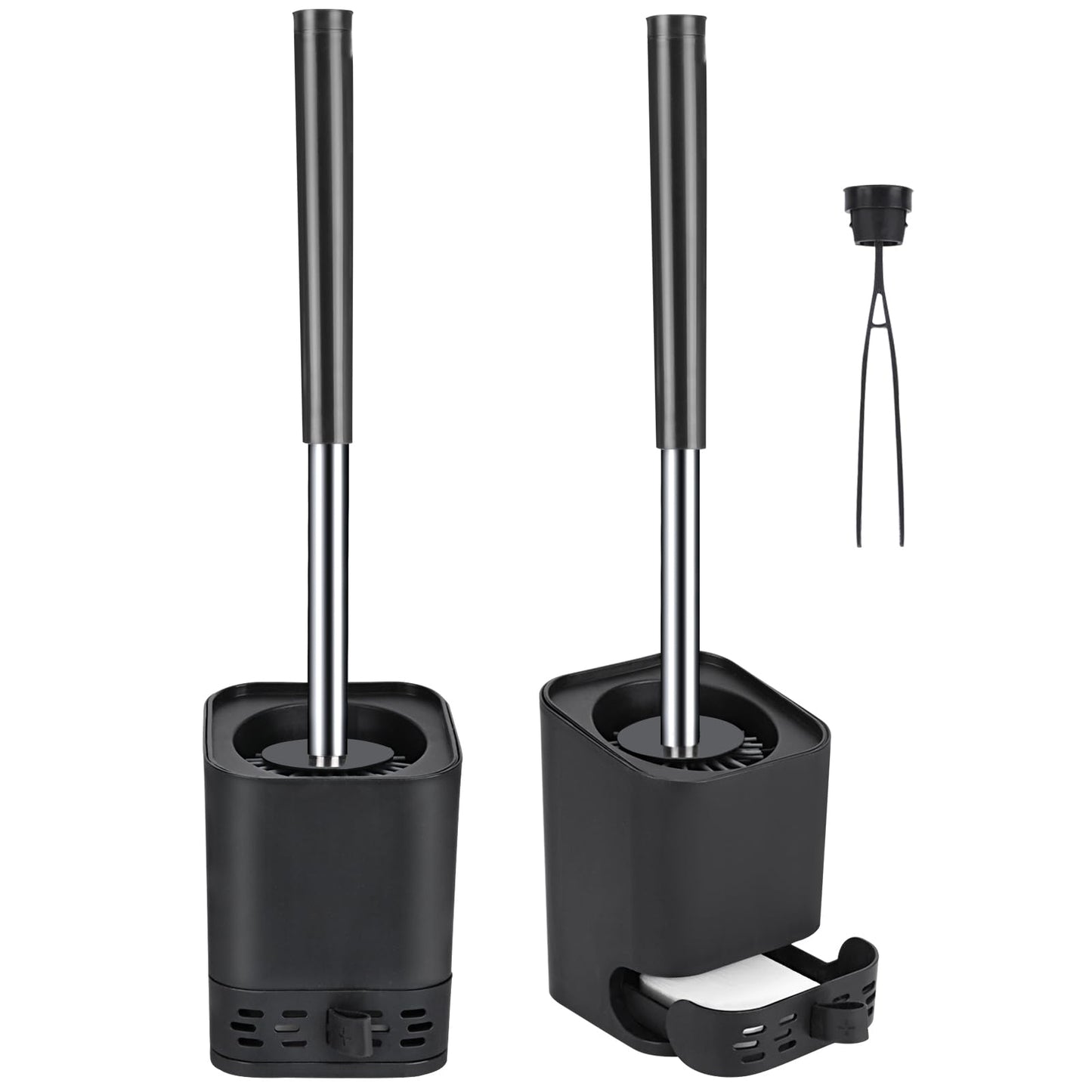 Glowbal Toilet Brush - Set of 2 silicone toilet brushes with holder for bathroom or guest bathroom, can be mounted on wall or stand, black