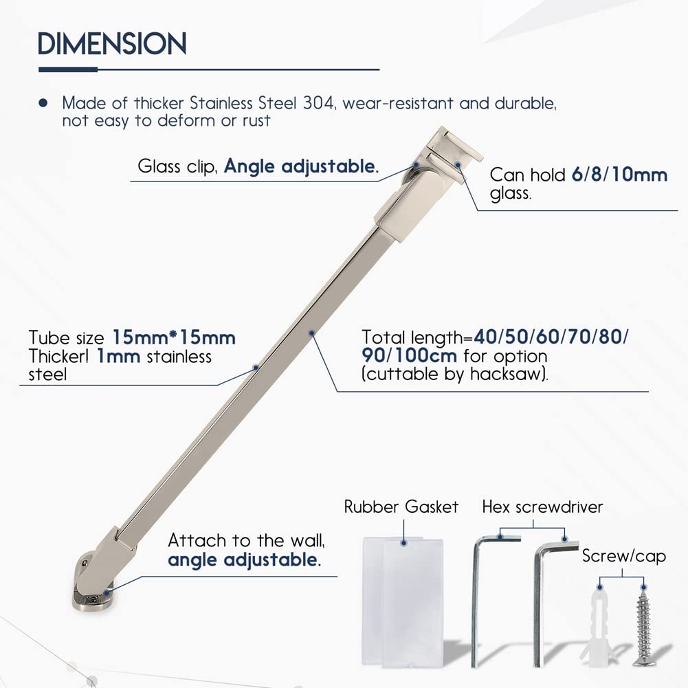 100cm stainless steel frameless shower door fixed side panel wall-to-glass support bar for 6mm 8mm 10mm thick glass by m-home