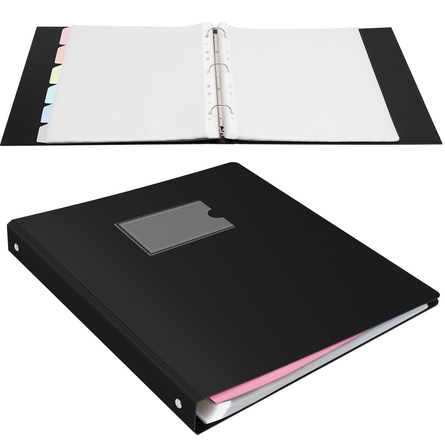 Uquelic presentation book, ring binder with 80 clear pockets A4 crystal clear (50 microns) and 6 macaron-colored PP dividers, folder organizer for documents, certificates, portfolio, black
