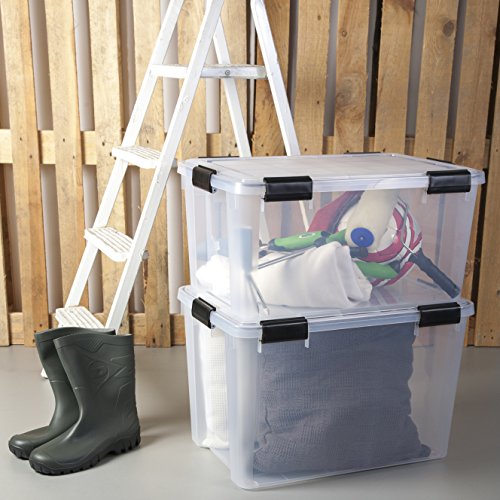 Iris Ohyama airtight plastic storage boxes with lid, 70L, 2-pack, transparent, hermetic waterproof seal, sturdy snap locks, stackable, dustproof, BPA-free, AT-LD.