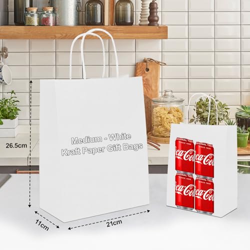 Gucass 50 pieces Medium Paper Bags with Handle, White Kraft Paper Gift Bags, 21x11x27cm Paper Carrier Bag, Gift Bags for Packaging Shopping Birthday Parties Wedding Christmas.