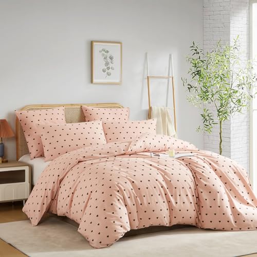 Nyescasa bedding 135x200 pink heart pattern 100% cotton girls children's heart bedding set with zipper, 1 duvet cover 135x200 and 1 pillowcase 80x80 cm