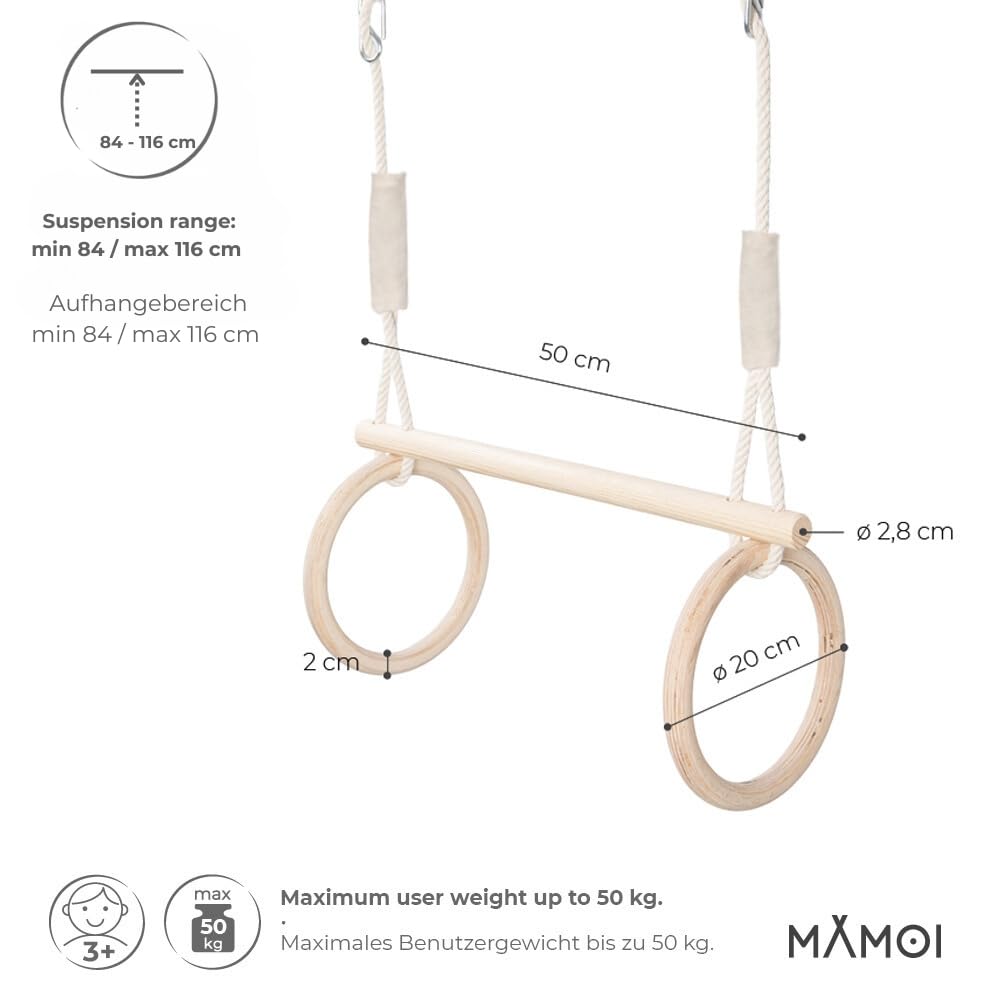 MAMOI® Trapeze swing, wooden gymnastic rings, kids' indoor and outdoor exercise equipment, ring swing, wooden swing gymnastics, gymnastic rings and trapeze bar.