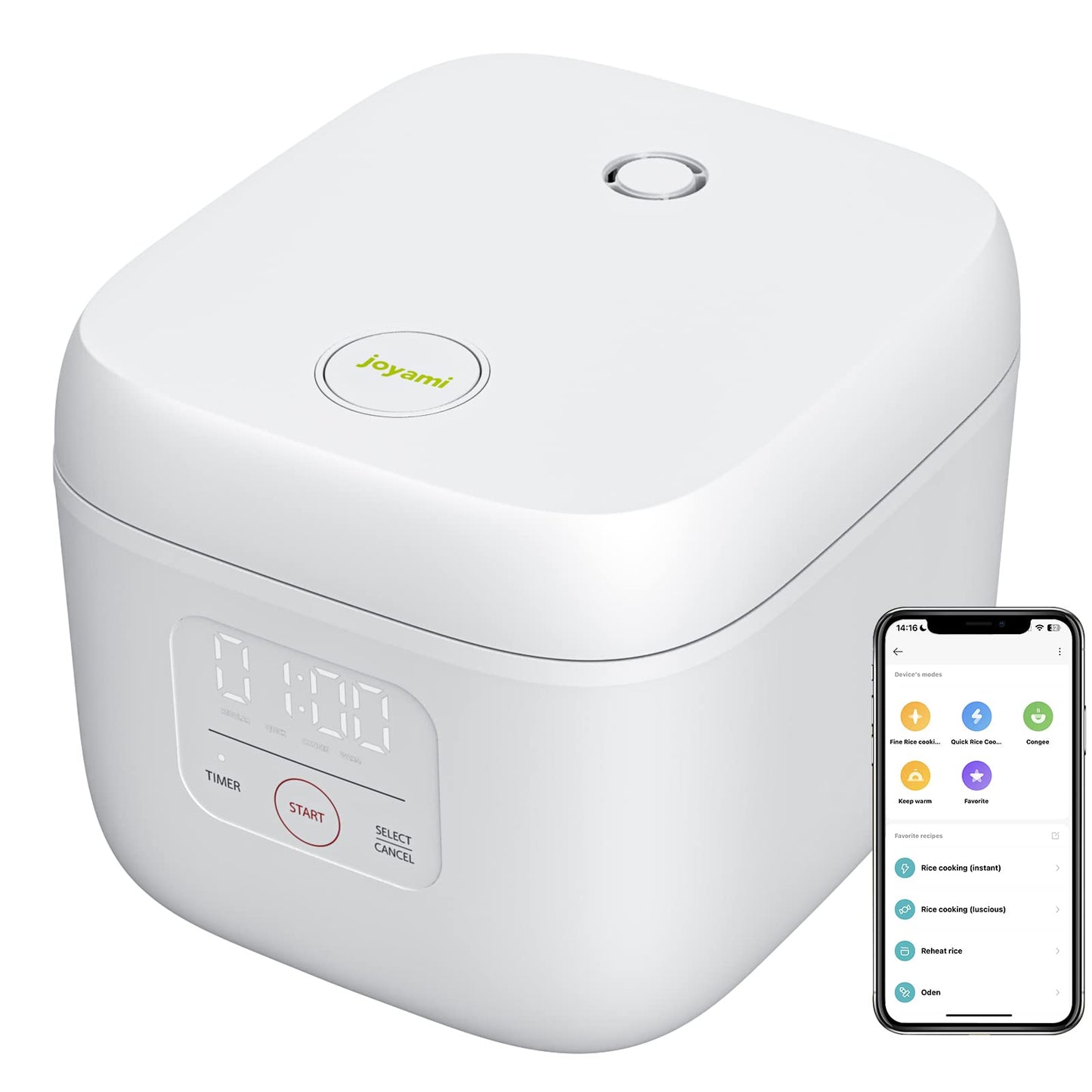 joyami Mini Smart Rice Cooker 0.8L Non-stick Pot 6 Cups for 1-3 people Keep warm Preset mode, White