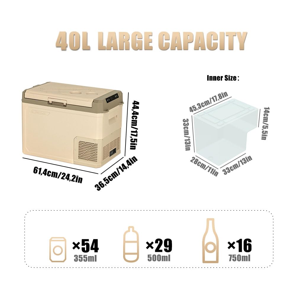 Alpicool GE40 40L Compressor Car Fridge Portable for Car, Truck, Compact Camping Refrigerator 12/24V DC Cooler for Travel, Food & Drinks, -20℃ to 20℃