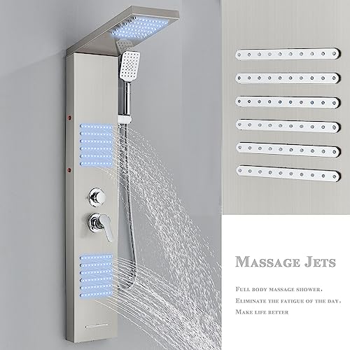 Shower panel with faucet, rain shower, bathtub faucet, shower column, shower system, shower set, brushed nickel LED stainless steel 304 with 4 shower functions.
