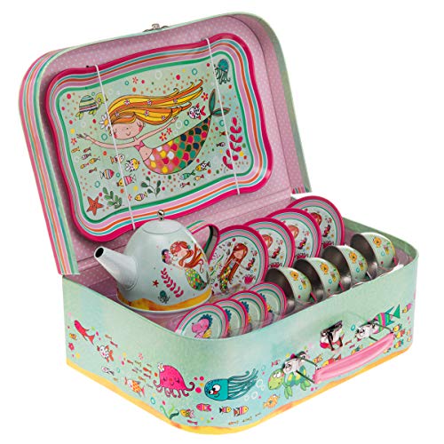 Jewelkeeper - Tin Tea Set for Girls & Carry Case, Kids Pretend Play Kitchen Toy Set, 15 Pieces - Mermaid Design