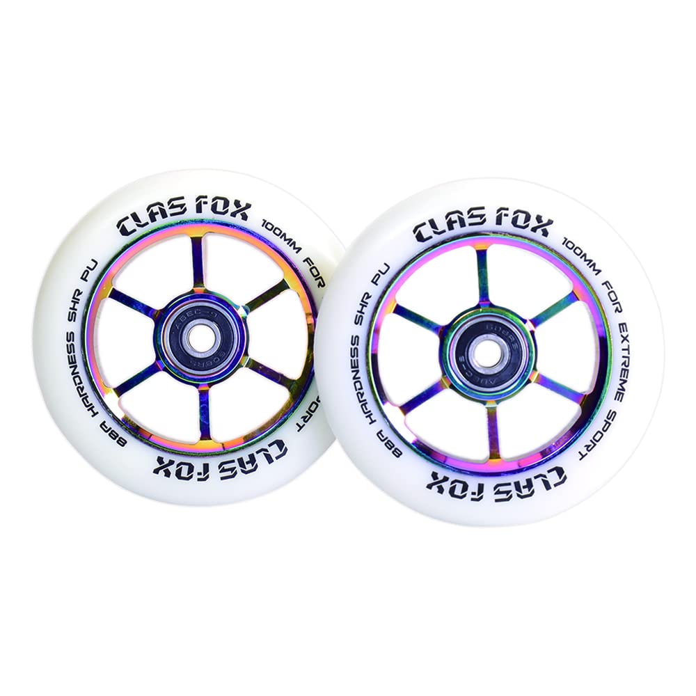 CLAS FOX Pro Stunt Scooter Wheels 100mm One Pair with ABEC-9 Bearings CNC Metal Core Graviti (2 pieces) (White-Rainbow)