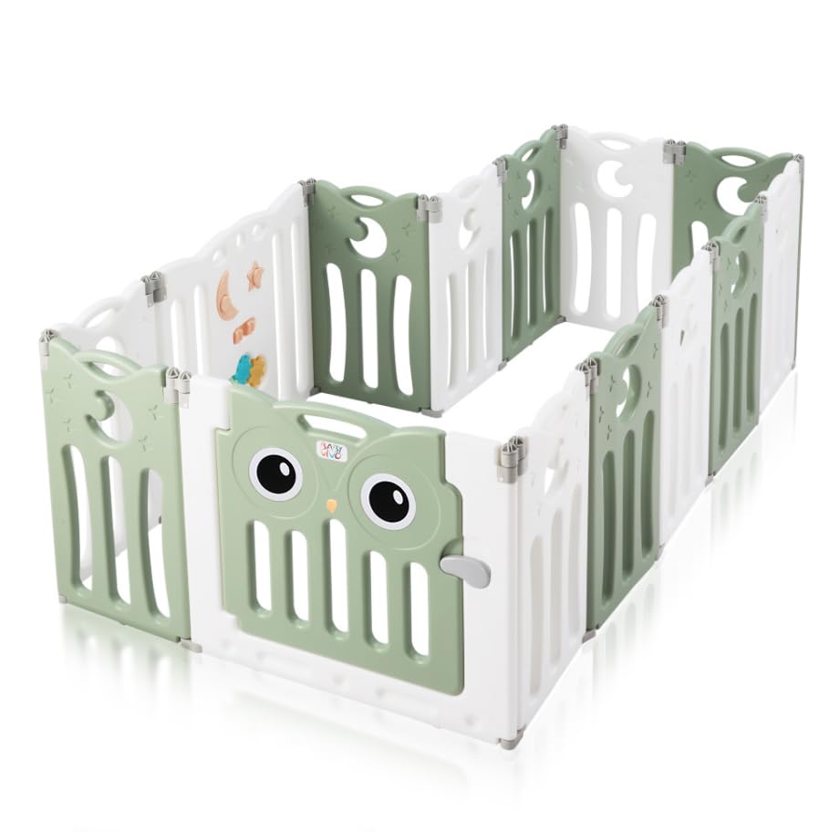 Baby Vivo Playpen Play Yard Foldable Baby Playpen Crawl Gate Safety Gate for Kids made of plastic with door and toys 14 elements in Green - Owl