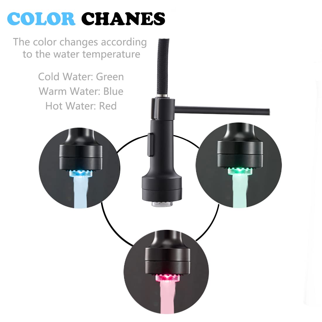 TIMACO LED Black Kitchen Faucet with Spiral Spring,360° Swivel Sink Faucet,Sprayer Pull-Out - High Pressure