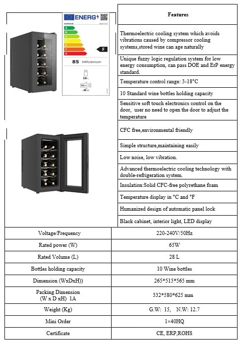 Echo's wine cooler 10 bottles 28 liters LED lighting wine cooler wine climate refrigerator mini fridge wine cooler minibar with glass door.
