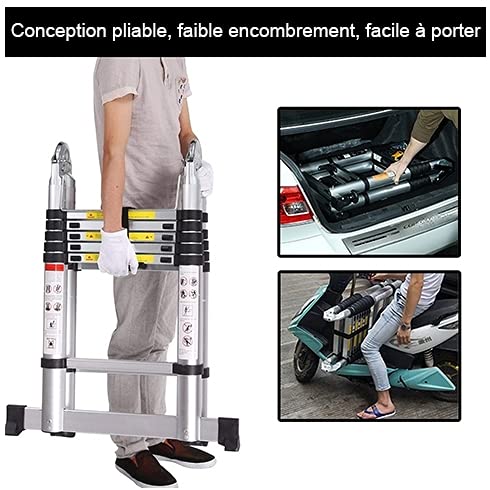 Meditool 5M Aluminum Telescoping Ladder Folding Extendable Multipurpose Ladder Leaning Ladder made of high-quality aluminum telescopic design 150 kg capacity, 8X8 rungs, Silver/Black