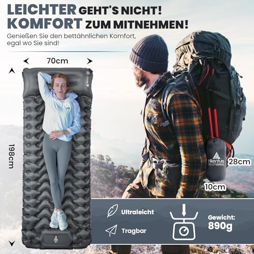 HIKENTURE Camping Isomatte Outdoor, 10cm Aufblasbare Isomatte Ultraleicht Kleines Packmaß, Sleeping Pad Schlafmatte mit Fußpumpe für Camping, Outdoor, Wandern - Grau