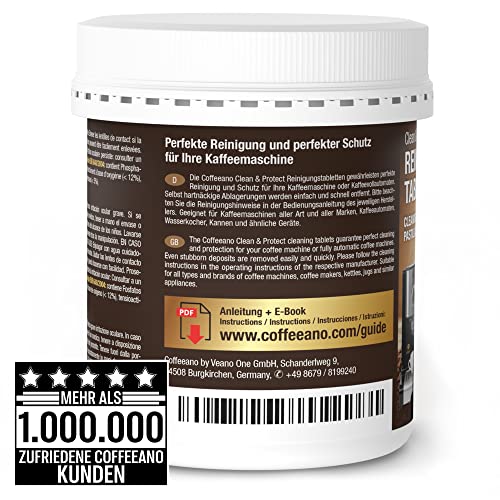 Coffeeano 150 cleaning tablets for fully automatic coffee machines and coffee makers. Cleaning tabs for Delonghi, Siemens, EQ Series, Jura, Krups, Bosch, Miele, Melitta, WMF, and more.