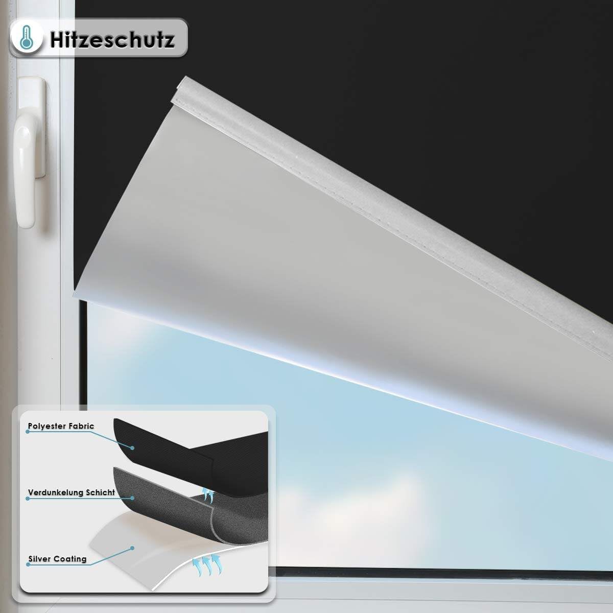 Magic blackout roller blind without & with drilling, clamp fix, black W105 x H130 cm (fabric width 100 cm), clamp roller thermal blind, indoor blind for sun protection and privacy, blinds for window & door.