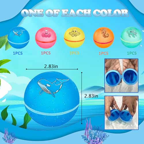 Betensh Reusable Water Balloons 5 Pack, Magnetic Water Balloons, Outdoor Water Toys for Summer Party, Water Park